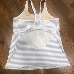 Lululemon gray and white striped tank with vent back and shelf bra